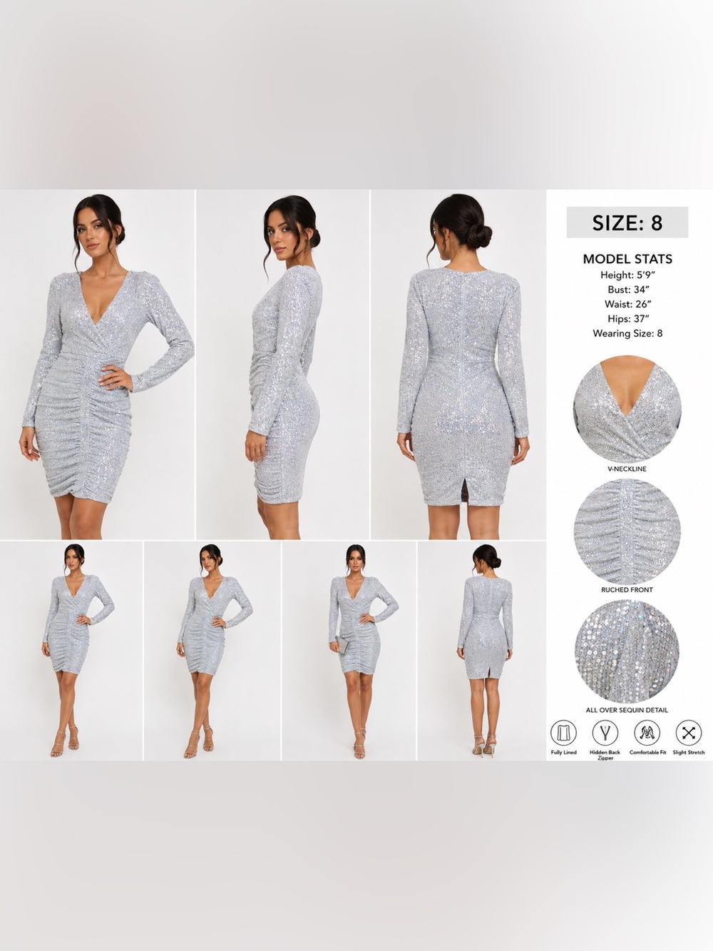 Lavish Alice Silver Sequin Ruched Cocktail Dress | V-Neck Glam Party Dress |